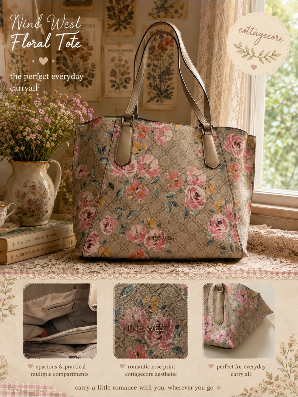 NINE WEST Floral Tote Shoulder Bag Beige Pink Rose Print Large Carryall